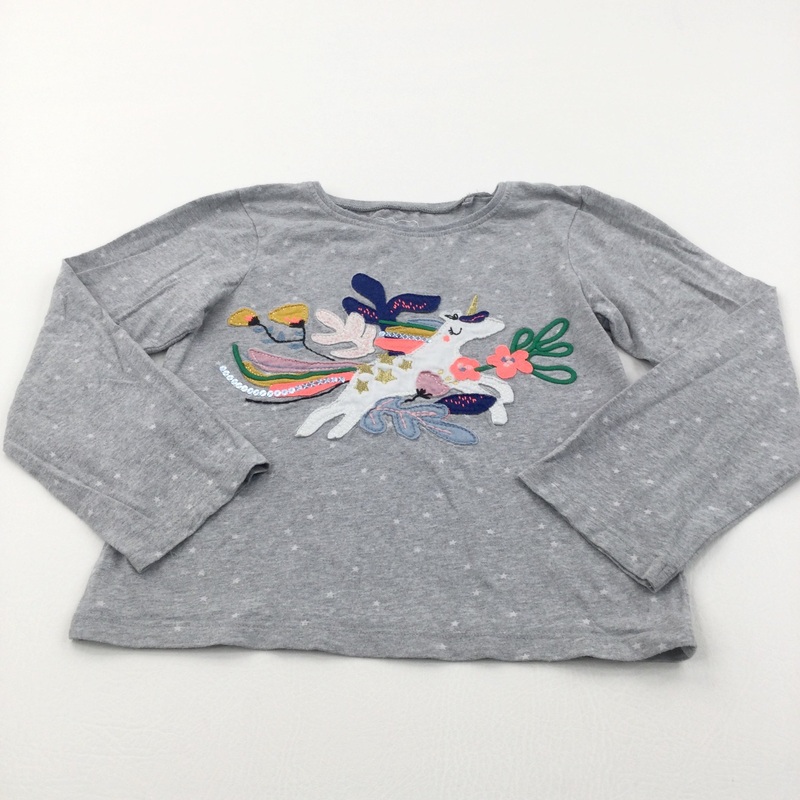 Unicorn & Flowers Appliqued Grey Long Sleeve Top - Girls 6-7 Years