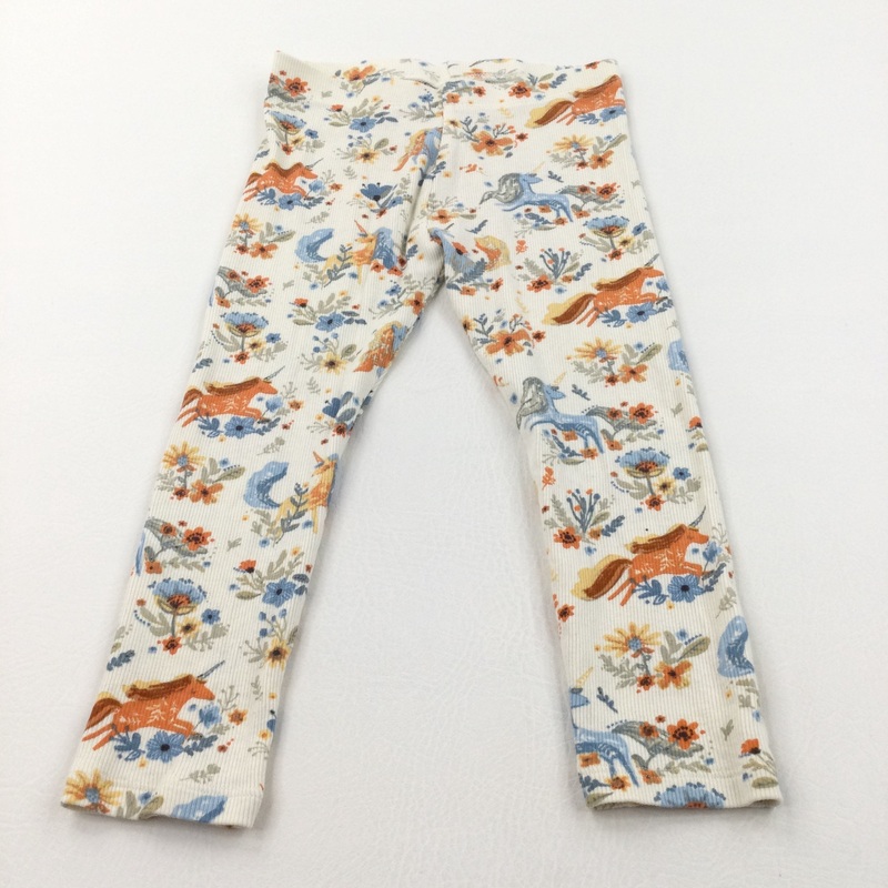 Unicorns & Flowers Orange, Blue & Cream Ribbed Leggings - Girls 2-3 Years