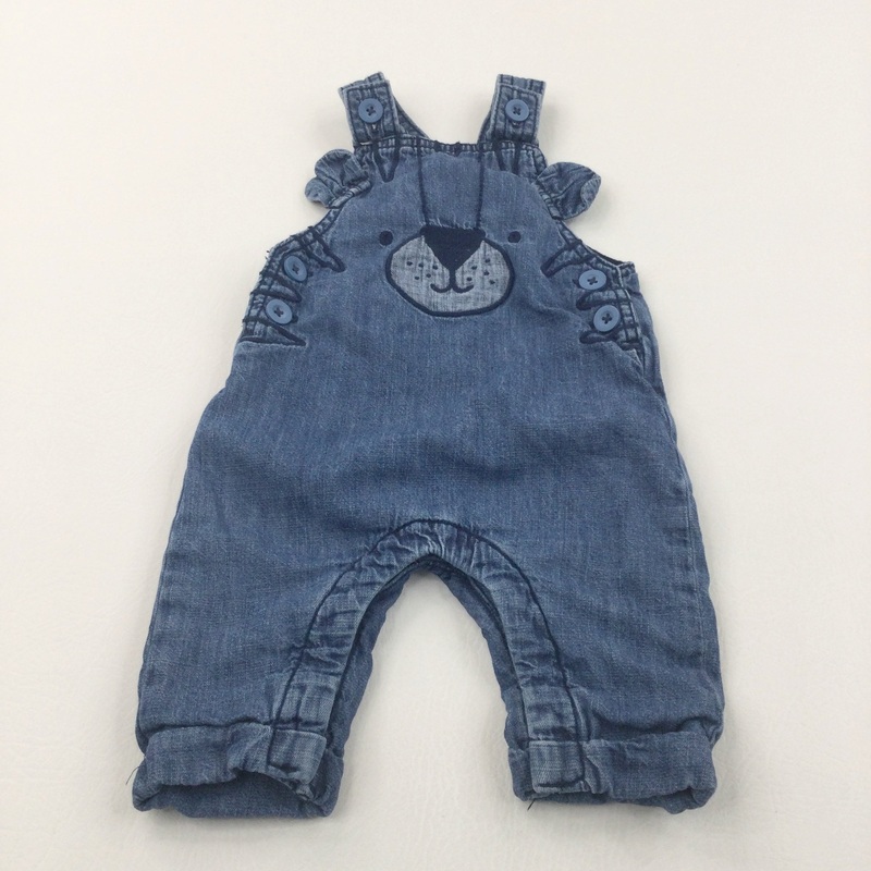Bear Face Appliqued Blue Lined Denim Dungarees - Boys/Girls 0-3 Months