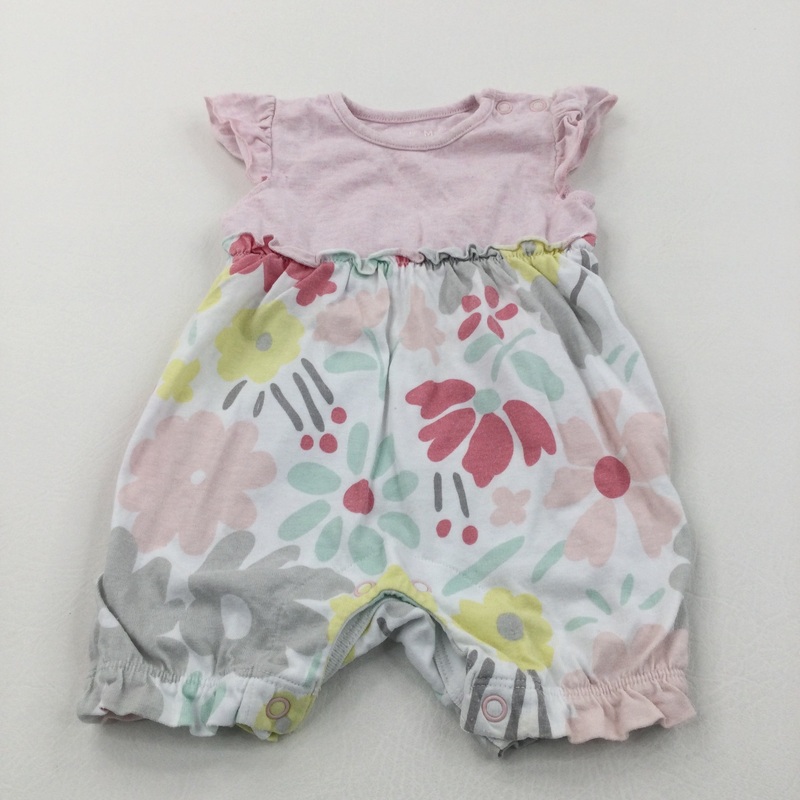 Colourful Flowers Pink & White Jersey Playsuit - Girls 0-3 Months