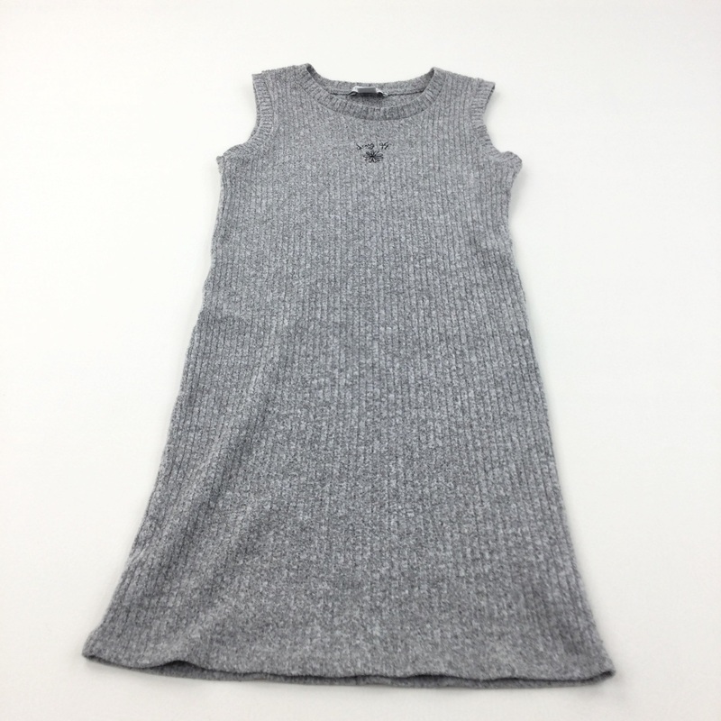 'Day Off' Flower Motif Grey Ribbed Sleeveless Dress - Girls 10-11 Years