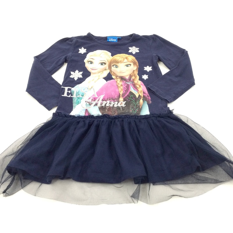 'Elsa & Anna' Frozen Glittery Navy Jersey Dress with Net Skirt - Girls 4-5 Years