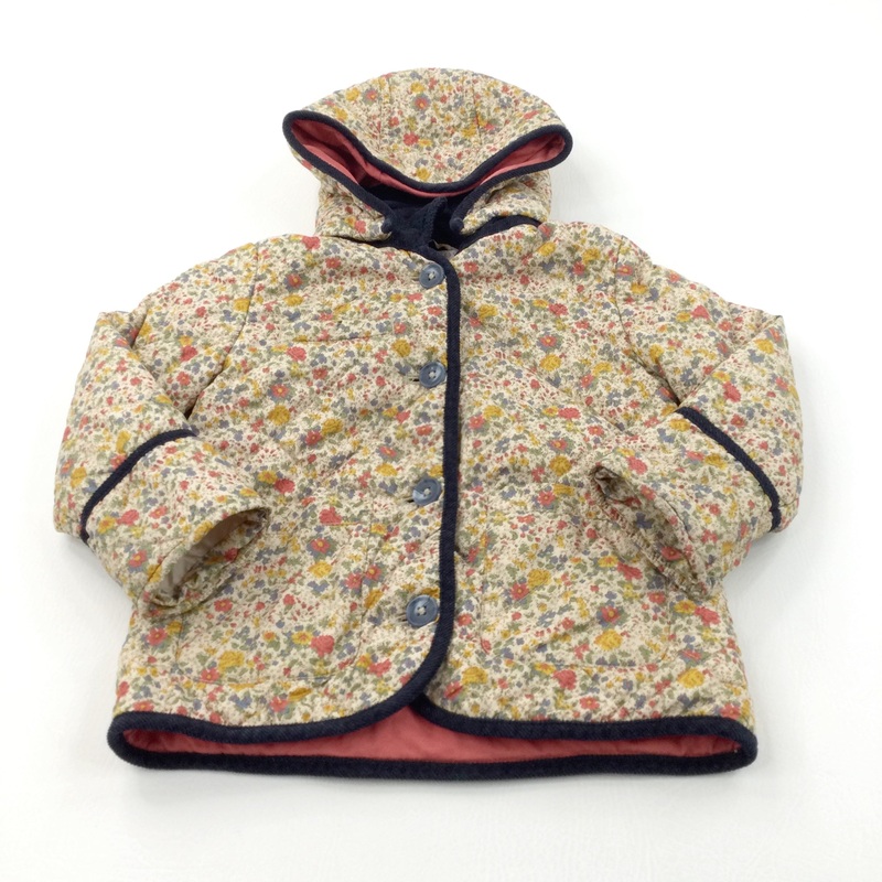 Flowers Light Brown, Red, Yellow & Blue Lined Quilted Coat with Hood - Girls 4-5 Years