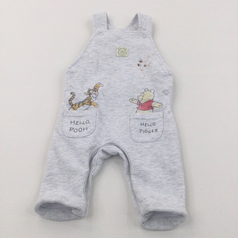 'Hello Pooh, Hello Tigger' Grey Jersey Dungarees - Boys 0-3 Months