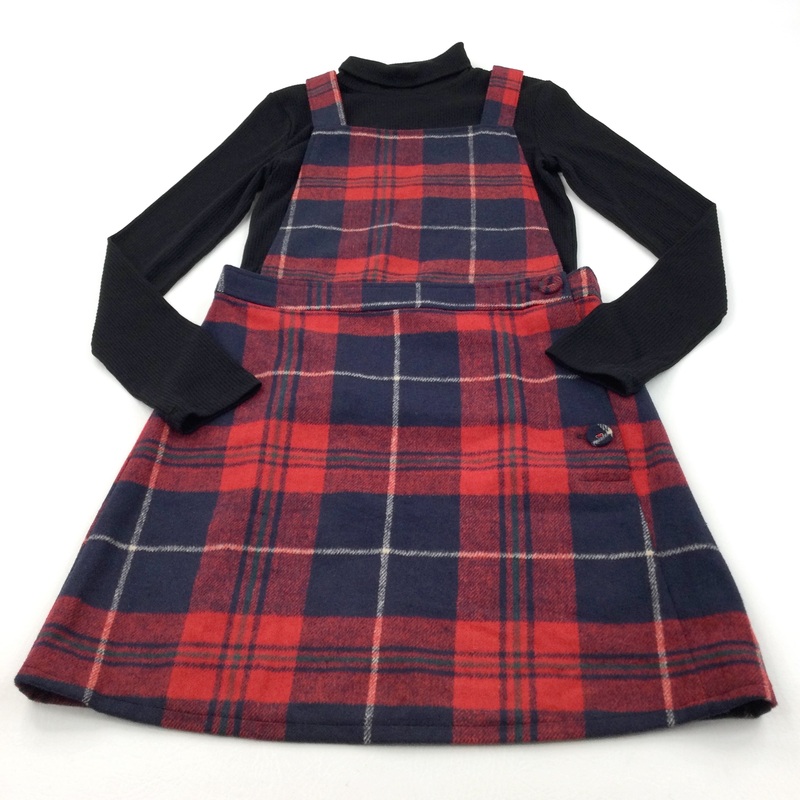 Red & Navy Checked Tartan Effect Flannel Dress & Black Ribbed Rollneck Long Sleeve Top Set - Girls 13-14 Years