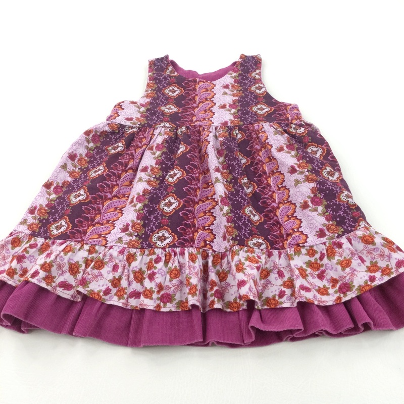 Reversible Flowers Purple, Pink & Mauve Cotton/Mauve Corduroy Dress - Girls 3-4 Years