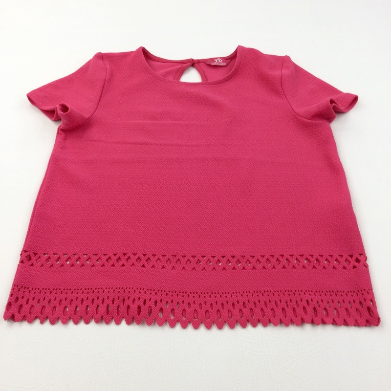 Textured Hot Pink Short Sleeve Blouse with Patterned Hem - Girls 12-13 Years