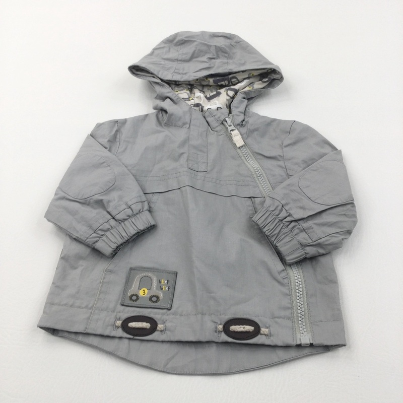 'Beep Beep' Car Badge Assymetrical Zip Grey Showerproof Jacket with Hood - Boys 3-6 Months