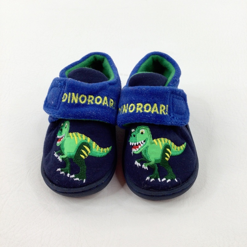'Dinosaur!' Appliqued Navy Slippers - Boys Size 3