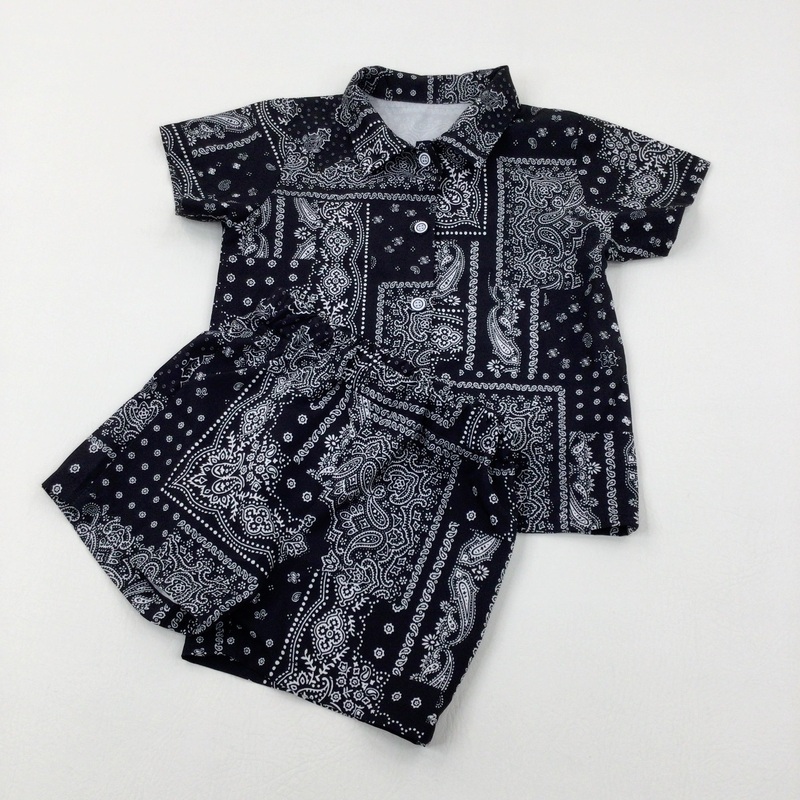 Patterned Black Shirt & Shorts Set - Boys 4-5 Years