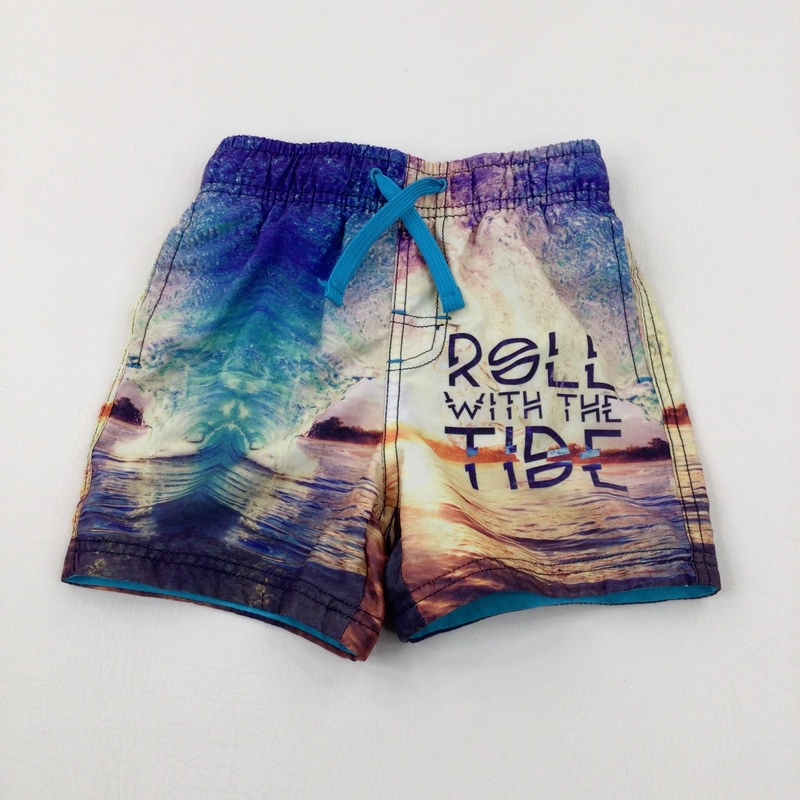 'Roll With The Tide' Beach Scene Colourful Blue Swim Shorts - Boys 4-5 Years