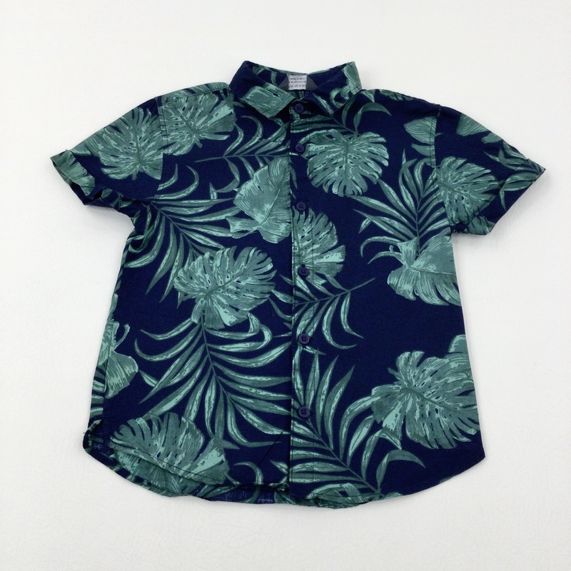 Tropical Leaves Navy & Green Shirt - Boys 5-6 Years
