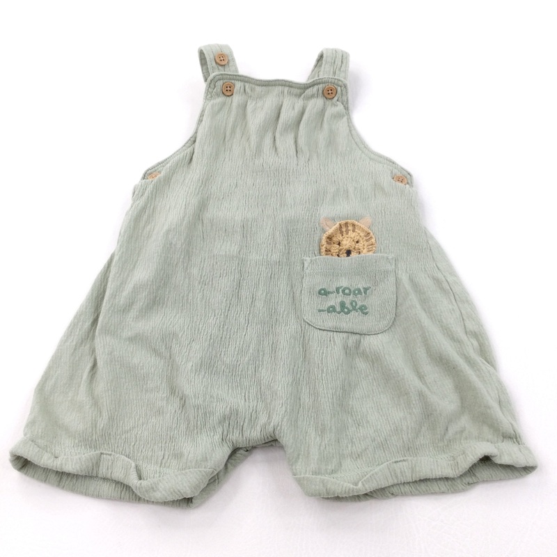 'A-Roar-Able' Tiger Appliqued Pale Green Cotton Short Dungarees - Boys 12-18 Months