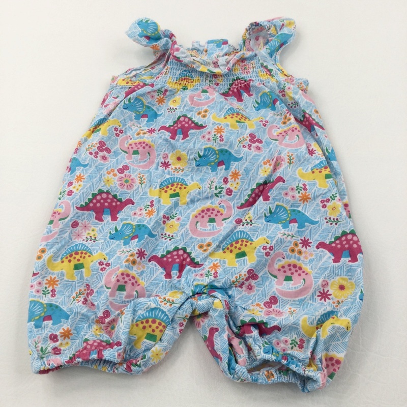 Colourful Dinosaurs Pink & Blue Cotton Playsuit - Girls 3-6 Months