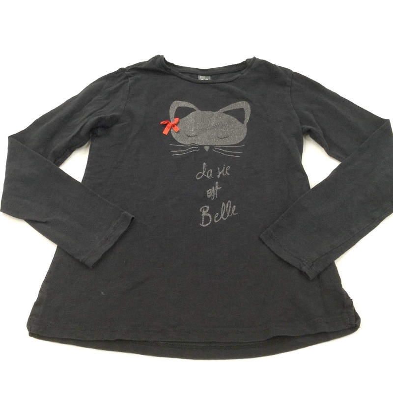 'Da Vie Est Belle' Sparkly Cat & Bow Black Long Sleeve Top - Girls 7-8 Years