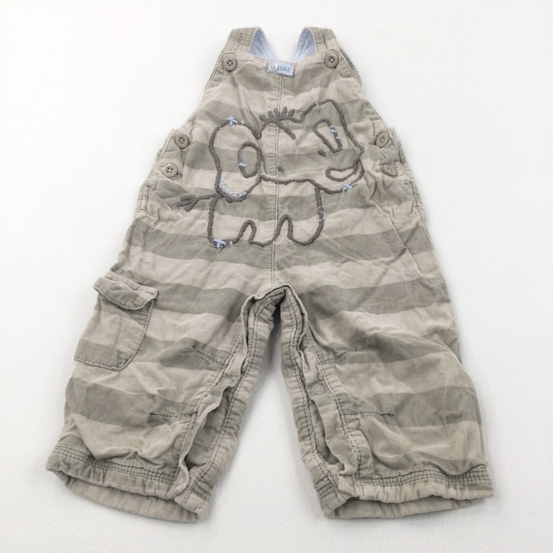 Elephant Appliqued Brown Striped Cord Lined Dungarees - Boys 6-9 Months