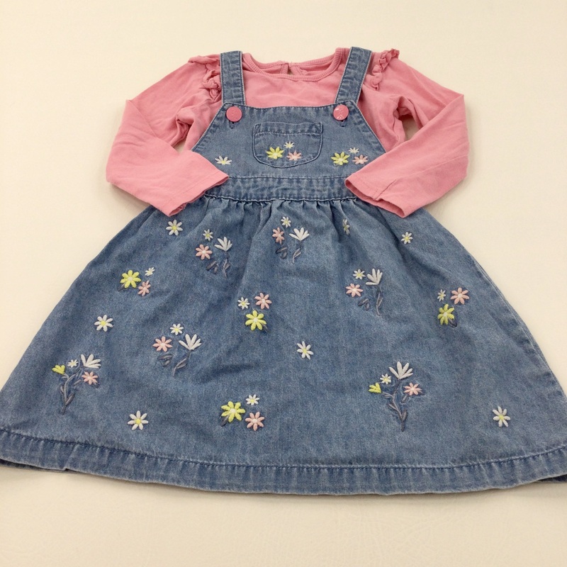 Flowers Embroidered Light Blue Denim Dungaree Dress & Pink Long Sleeve Top Set - Girls 2-3 Years