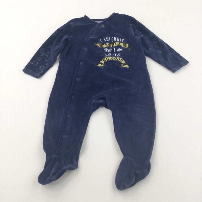 'I Do Solemnly Swear That I Am Up To No Good' Harry Potter Embroidered Navy Velour Babygrow - Boys 6-9 Months