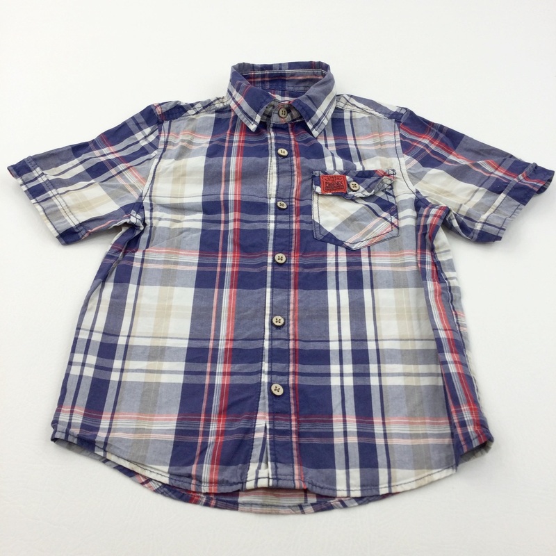 Navy, Red & White Checked Cotton Shirt - Boys 7-8 Years