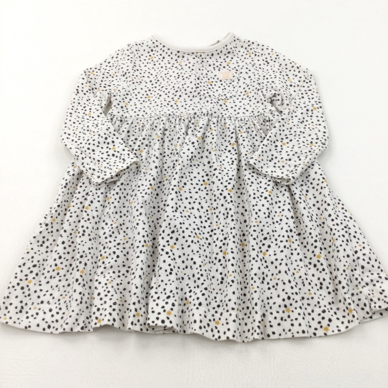 Stars & Spots White, Black & Gold Jersey Dress - Girls 12-18 Months