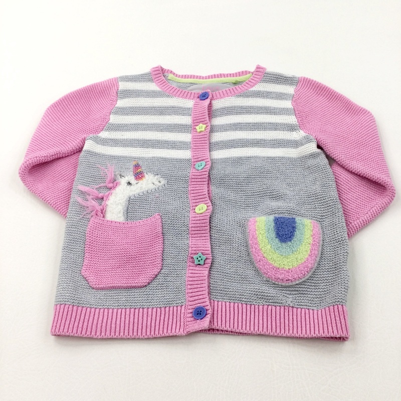 Unicorn & Rainbow Pink, Grey & White Knitted Cardigan - Girls 2-3 Years
