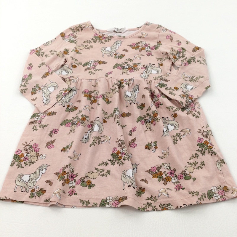 Unicorns, Birds & Flowers Peach Jersey Dress - Girls 2-4 Years