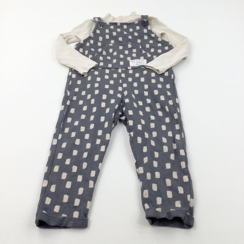 'You Are My Favourite Planet' Grey & Cream Spotty Jersey Dungarees & Cream Ribbed Long Sleeve Top Set - Girls 2-3 Years