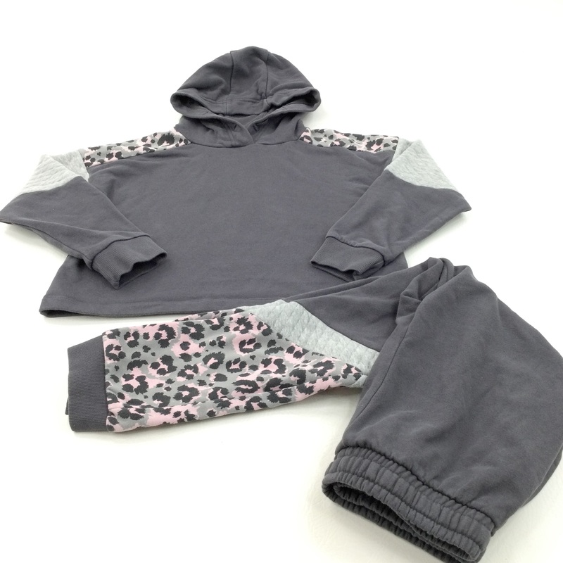 Animal Print Grey & Pink Cropped Hoodie Tracksuit Set - Girls 10 Years