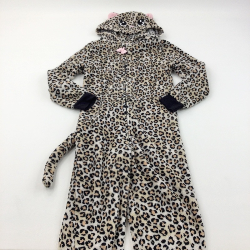 Cat Animal Print Fleece Onesie with Tail - Girls 8-10 Years