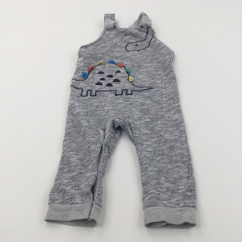 Dinosaur Embroidered Grey Mottled Lightweight Jersey Dungarees - Boys 12-18 Months