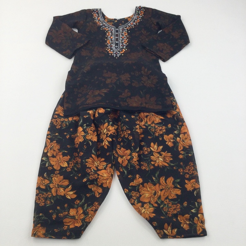 Flowers & Beads Black & Orange Kurta Blouse & Churidar Trousers Set - Girls 3-4 Years