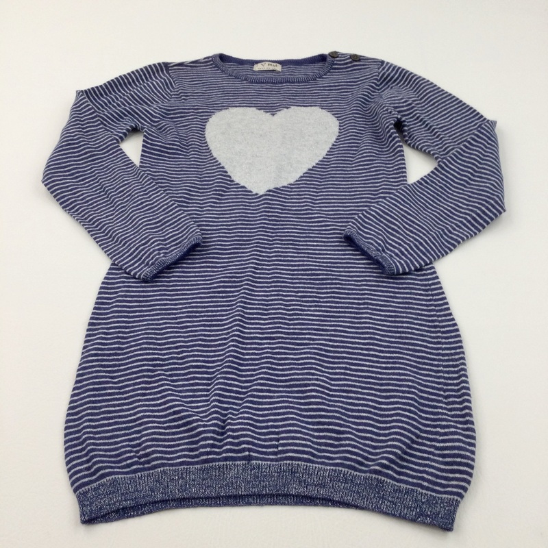 Sparkly Heart Grey & Blue Striped Knitted Dress - Girls 9-10 Years