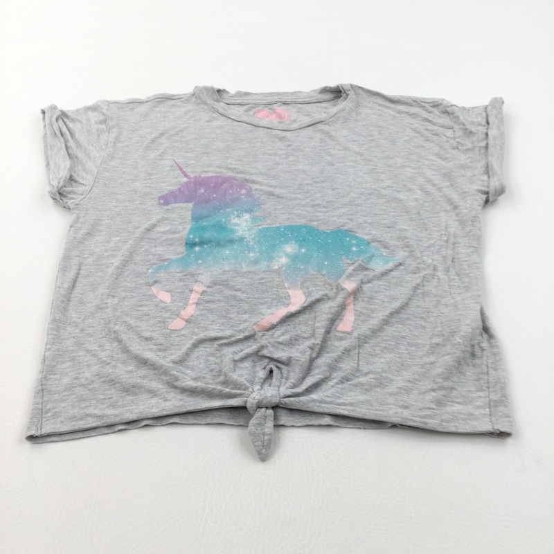Sparkly Unicorn Grey Tie Front Cropped T-Shirt - Girls 9-10 Years