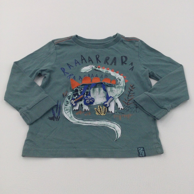 Zip Front Dinosaur & Tools Green Long Sleeve Top - Boys 2-3 Years