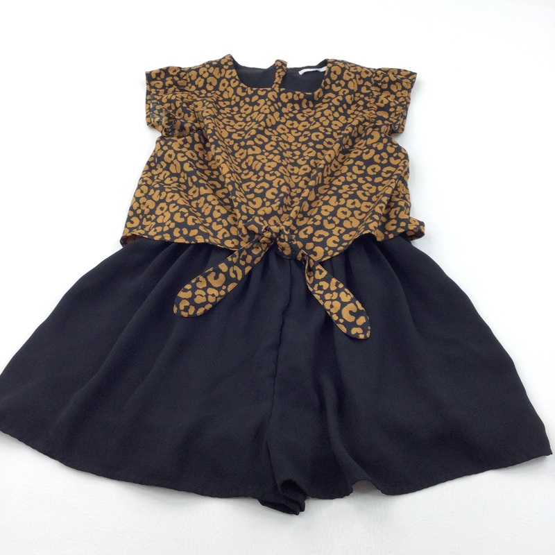 Animal Print Tan & Black Playsuit & Attached Sheer Blouse Overlay - Girls 12-13 Years