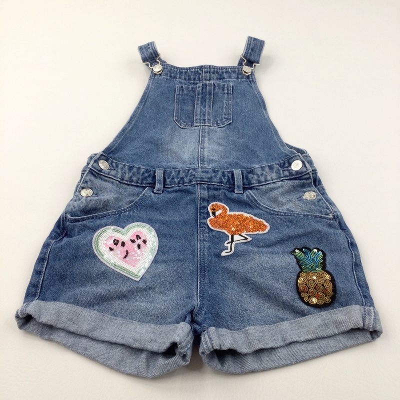 Flamingo, Heart & Pineapple Appliqued Mid Blue Short Denim Dungarees - Girls 10-11 Years