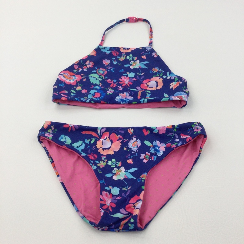 Reversible Flowers/Spots Navy & Pink Two Piece Bikini/Tankini Set - Girls 8-9 Years