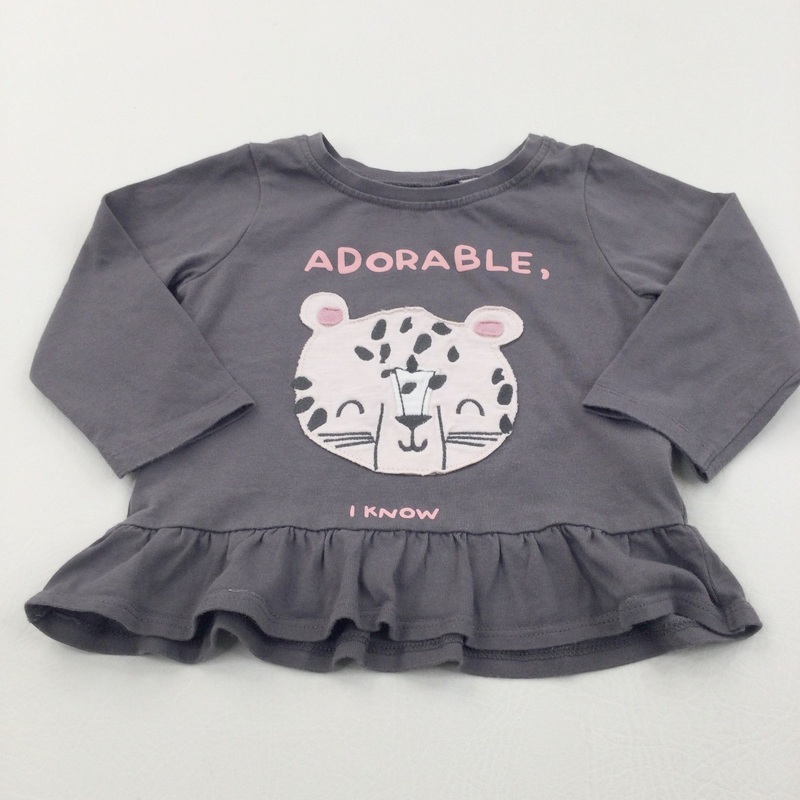 'Adorable, I Know' Leopard Appliqued Dark Grey Tunic Top - Girls 9-12 Months