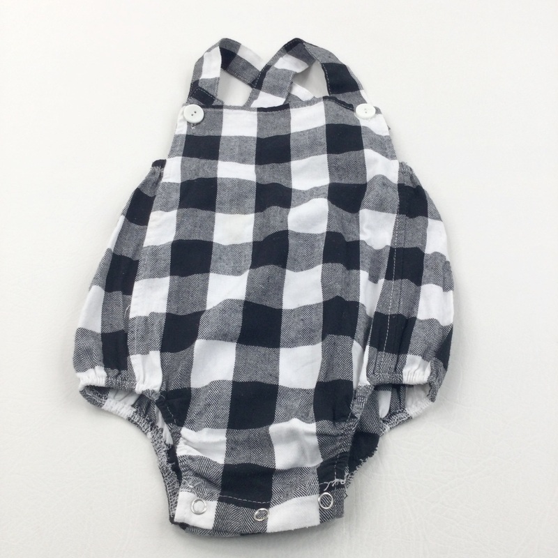 Black & White Checked Cotton Romper - Girls 9-12 Months