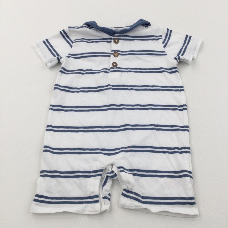 Blue & White Striped Sailor Collar Jersey Romper - Boys 6-9 Months