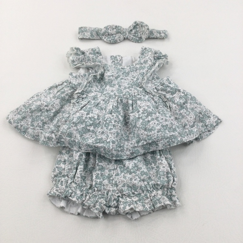 Flowers Green & White Cotton Blouse & Shorts Set - Girls Newborn
