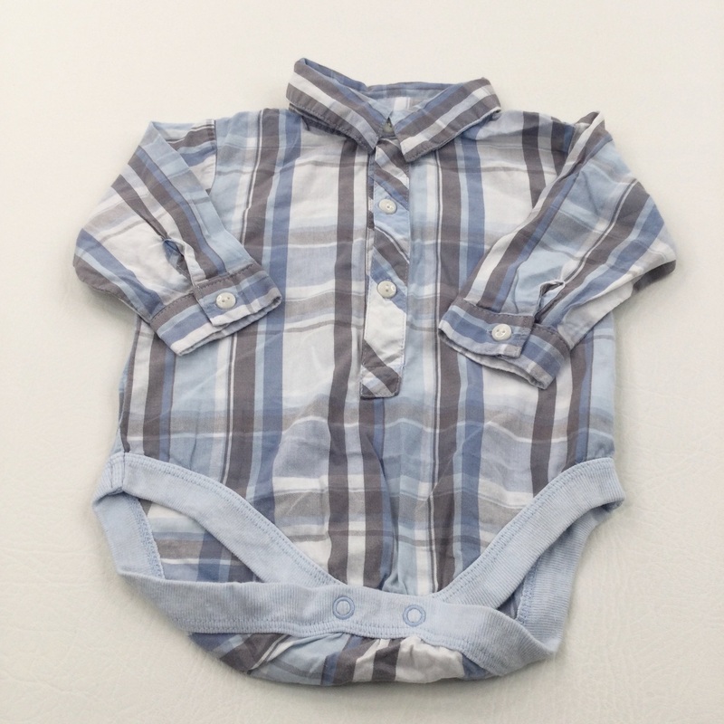 Grey, Blue & White Checked Cotton Shirt/Bodysuit - Boys 6-9 Months