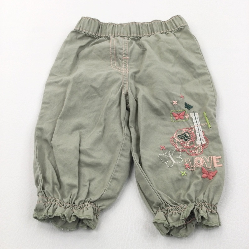 'Love' Flowers & Butterflies Embroided Sage Green Cotton Trousers - Girls 3-6 Months