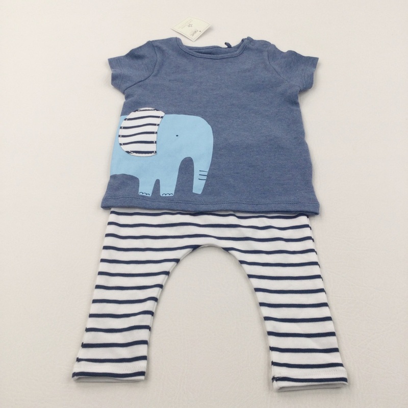**NEW** Elephant Blue T-Shirt & Blue & White Striped Leggings Set - Boys 3-6 Months