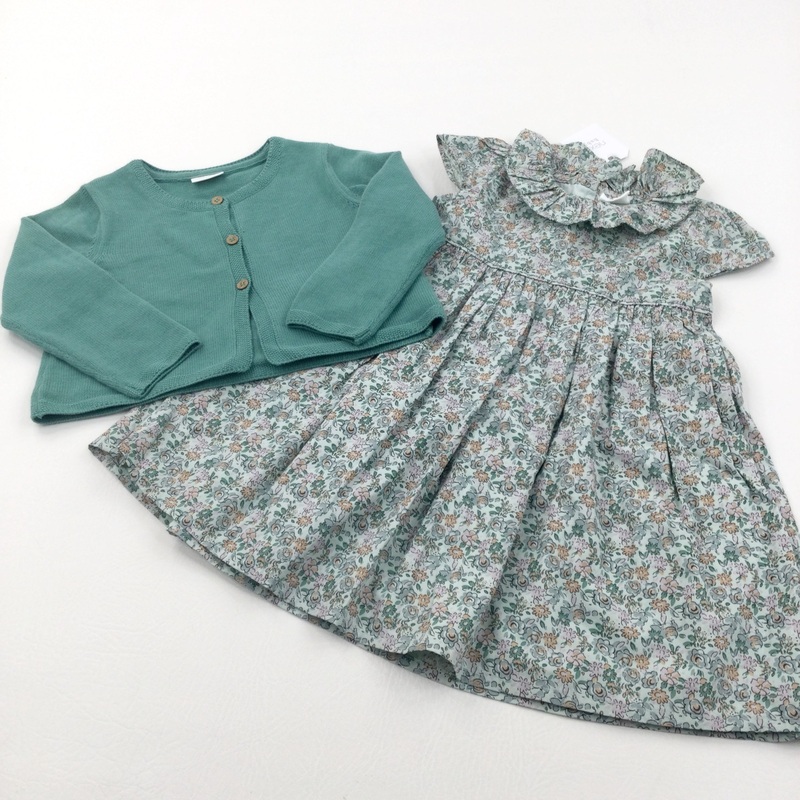 **NEW** Flowers Green Cotton Party Dress & Green Knitted Cardigan Set - Girls 12-18 Months