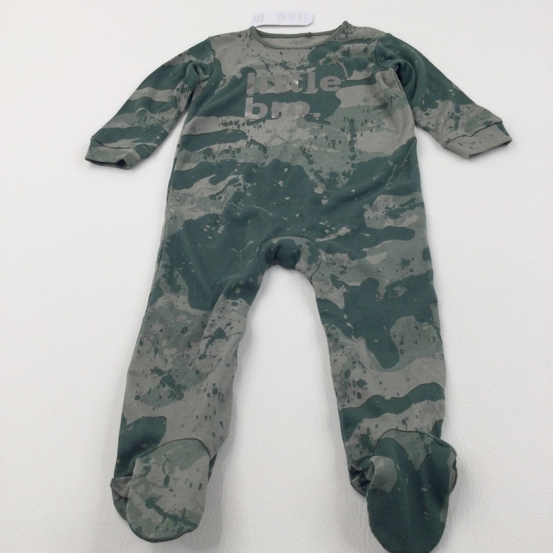 **NEW** ''Little Bro' Camouflage Green Babygrow - Boys 9-12 Months