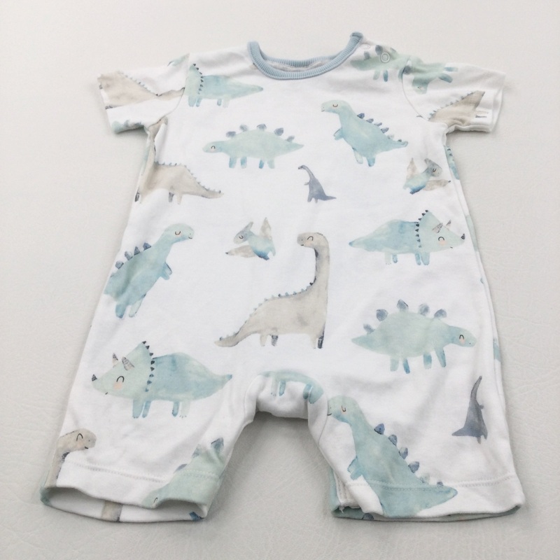 Pastel Dinosaurs Pale Blue & White Jersey Romper - Boys 6-9 Months