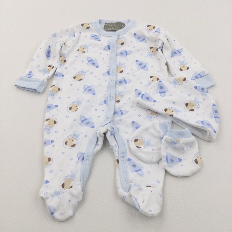 Rockets & Dogs Blue & White Babygrow, Hat & Mitts Set - Boys 0-3 Months