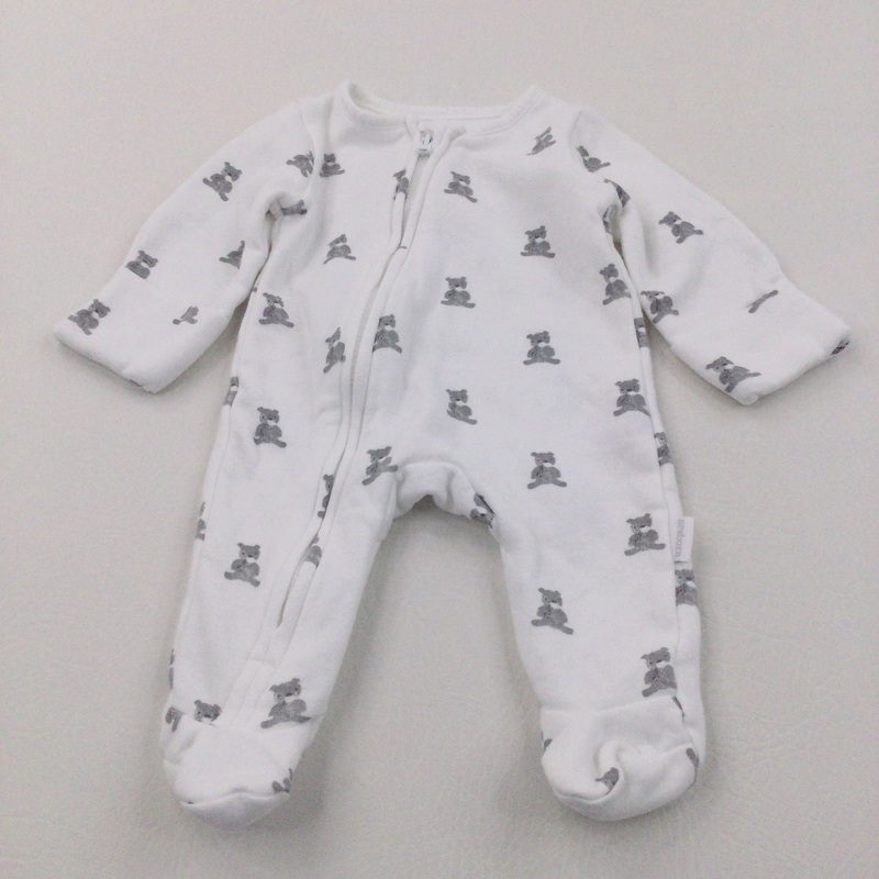 Teddy Bears Grey & White Thicker Babygrow with Integrated Mitts - Boys/Girls Newborn