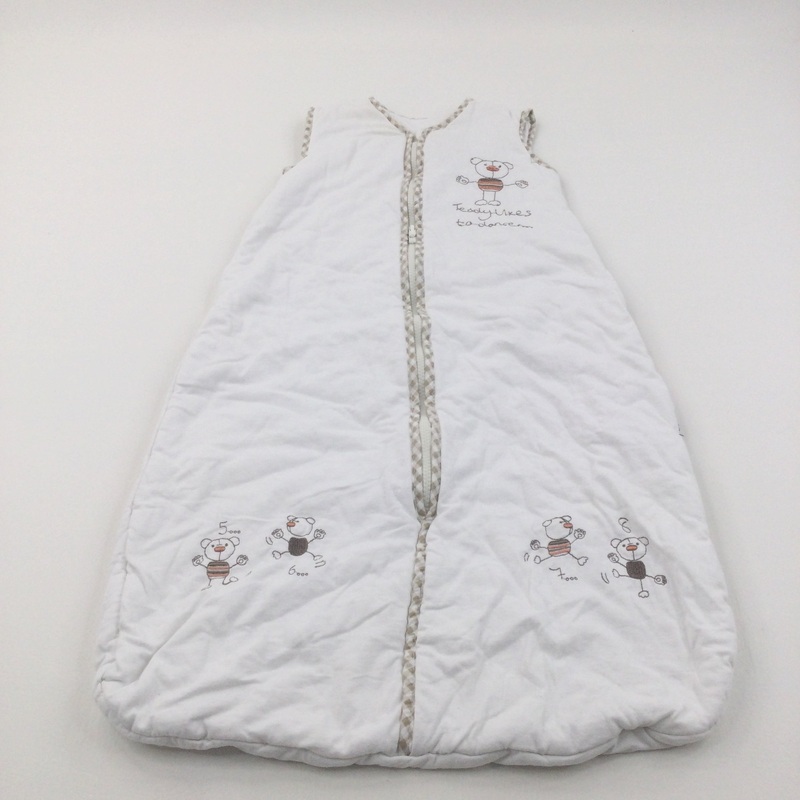 'Teddy Likes To Dance' Embroidered White & Beige Sleeping Bag - 2.5 Tog - Boys/Girls 6-18 Months